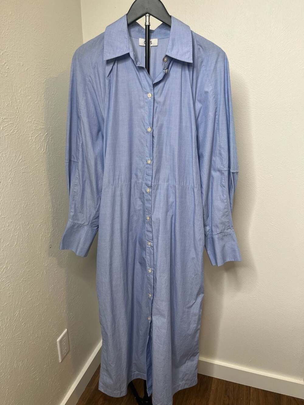 COS Blue Cotton Long Sleeve Button-Down Midi Shirt Dress